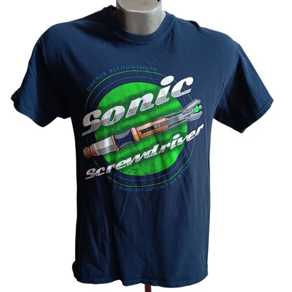 Small Vtg Y2K Doctor Who Sonic Screwdrivers Graphic T-Shirt Navy Blue All Cotton - Picture 1 of 5